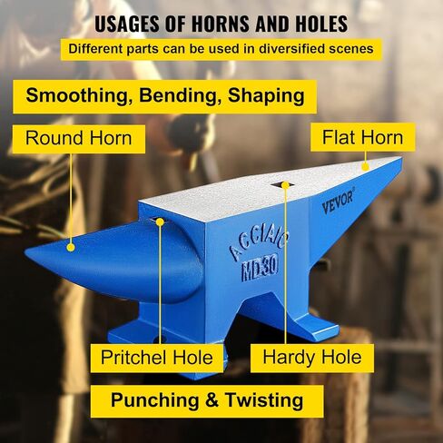 VEVOR Single Horn Anvil, 66Lbs Cast Steel Anvil, High Hardness Rugged Round Horn Anvil Blacksmith, Large Countertop and Stable Base, with Round and Square Hole, Metalsmith Tool for Bending and Shaping in Saudi Arabia