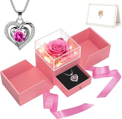 Valentine Gifts for Women, Preserved Flowers Rose Gift for Mom Wife Girlfriend, LED Light Jewelry Box with Necklace, Forever Rose for Mothers, Birthday, Anniversary, Christmas Day Gift (Pink) in Saudi Arabia