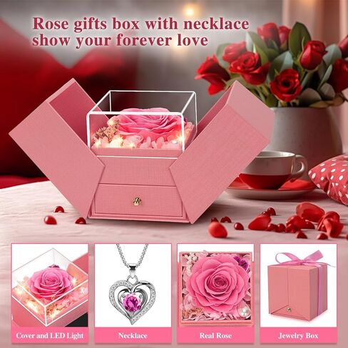 Valentine Gifts for Women, Preserved Flowers Rose Gift for Mom Wife Girlfriend, LED Light Jewelry Box with Necklace, Forever Rose for Mothers, Birthday, Anniversary, Christmas Day Gift (Pink) in Saudi Arabia