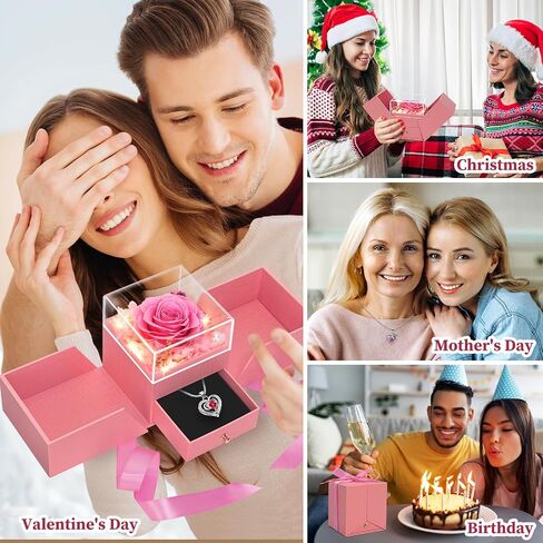 Valentine Gifts for Women, Preserved Flowers Rose Gift for Mom Wife Girlfriend, LED Light Jewelry Box with Necklace, Forever Rose for Mothers, Birthday, Anniversary, Christmas Day Gift (Pink) in Saudi Arabia