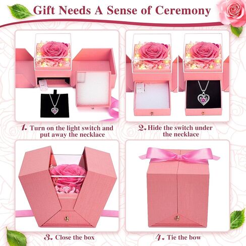 Valentine Gifts for Women, Preserved Flowers Rose Gift for Mom Wife Girlfriend, LED Light Jewelry Box with Necklace, Forever Rose for Mothers, Birthday, Anniversary, Christmas Day Gift (Pink) in Saudi Arabia