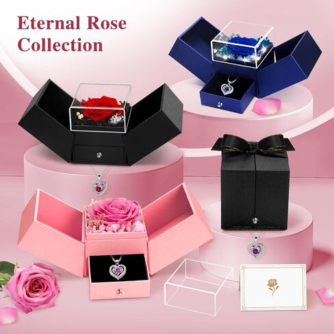 Valentine Gifts for Women, Preserved Flowers Rose Gift for Mom Wife Girlfriend, LED Light Jewelry Box with Necklace, Forever Rose for Mothers, Birthday, Anniversary, Christmas Day Gift (Pink) in Saudi Arabia