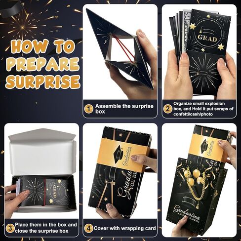16 قطعة من صندوق هدايا Grad Surprise Exploding Money، صندوق كذاب Black Glod، صندوق منبثق للنقود للتخرج، فكرة هدية نقدية لحقائب هدايا Grad Girdle لعام 2024، هدايا لحفلات التخرج من الكلية الثانوية لعام 2024 in Kuwait