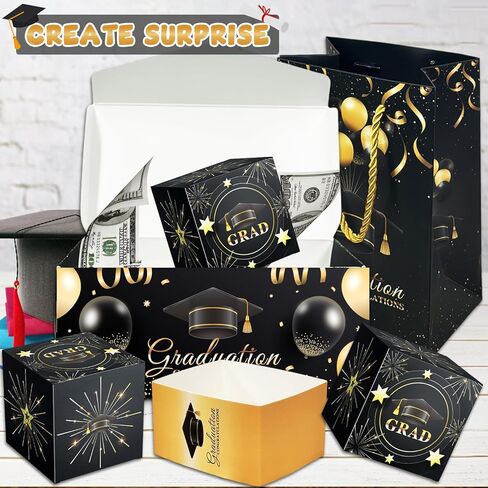 16 قطعة من صندوق هدايا Grad Surprise Exploding Money، صندوق كذاب Black Glod، صندوق منبثق للنقود للتخرج، فكرة هدية نقدية لحقائب هدايا Grad Girdle لعام 2024، هدايا لحفلات التخرج من الكلية الثانوية لعام 2024 in Kuwait