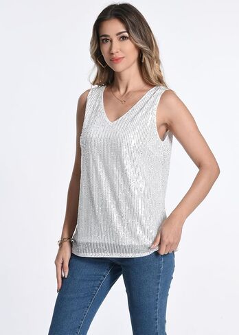 قميص نسائي بدون أكمام مزين بالترتر من Omertshirt بدون أكمام لامعة للحفلات والنوادي in Saudi Arabia