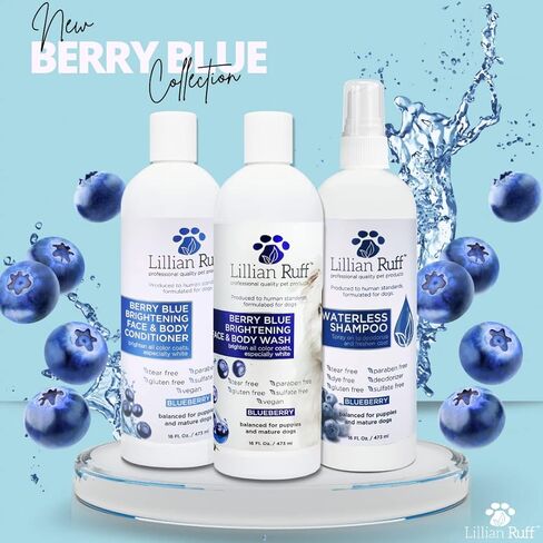 Lillian Ruff Berry Blue Brightening Face and Body Conditioner for Dogs & Cats - Tear Free Blueberry Conditioner - Remove Tear Stains, Hydrate Dry Skin, Add Shine & Luster to Coats - Made in USA (16oz) in Saudi Arabia