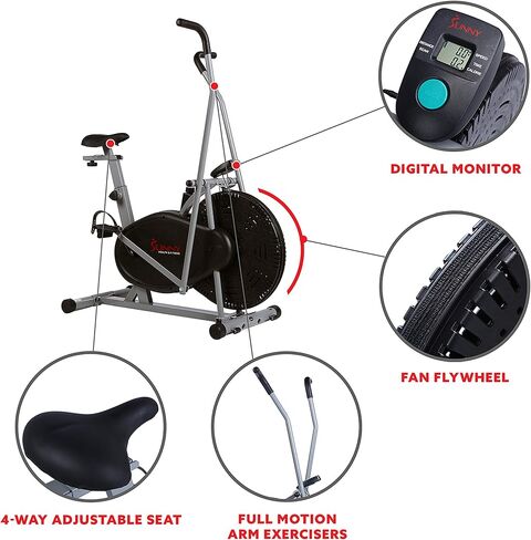 Sunny Health & Fitness Air Bike Fan Exercise Bike with Digital Monitor, Full Motion Arm Exercisers, and Adjustable Seat in Saudi Arabia