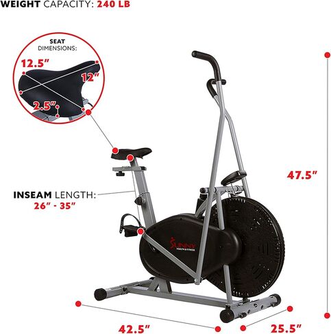 Sunny Health & Fitness Air Bike Fan Exercise Bike with Digital Monitor, Full Motion Arm Exercisers, and Adjustable Seat in Saudi Arabia