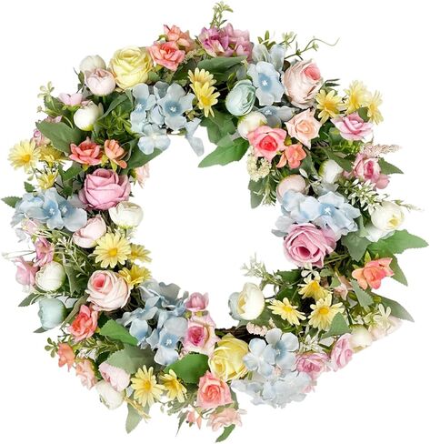 16 Inch Wreath - Artificial Spring Wreaths for Front Door - Spring Summer Flower Wreaths wirh Rose and Hydrangea - Floral Wreath for All Seasons Door Wall Window Festival Farmhouse in Saudi Arabia