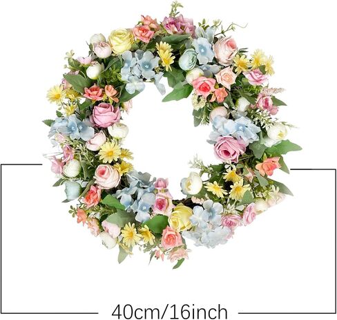 16 Inch Wreath - Artificial Spring Wreaths for Front Door - Spring Summer Flower Wreaths wirh Rose and Hydrangea - Floral Wreath for All Seasons Door Wall Window Festival Farmhouse in Saudi Arabia