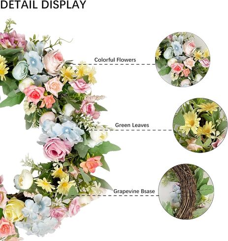 16 Inch Wreath - Artificial Spring Wreaths for Front Door - Spring Summer Flower Wreaths wirh Rose and Hydrangea - Floral Wreath for All Seasons Door Wall Window Festival Farmhouse in Saudi Arabia