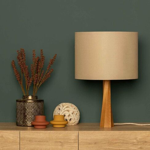 DEZAART Mid-Century Modern Wood Table Lamp (10") – Hand-Carved Massif Beech Wood Stand/Beige Lamp Shade / E14 Light – Lighting for Living Room, Bedroom & Hallway in Kuwait