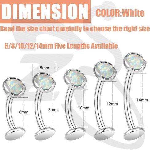 ZS ASTM F136 Titanium Belly Button Ring, 14G Opal Stones Navel Jewelry, 6/8/10/12/14MM Internally Threaded Long Bar Navel Barbell Stud Flat Back Belly Piercing in Saudi Arabia