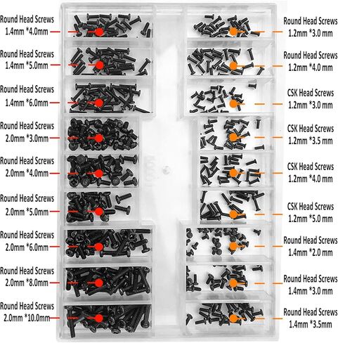 HOTMMGR مجموعة متنوعة من البراغي الصغيرة 18 نوعًا M1.2 / M1.4 / M2.0 مجموعة مسامير صغيرة صغيرة لساعات النظارات (أسود) in Kuwait