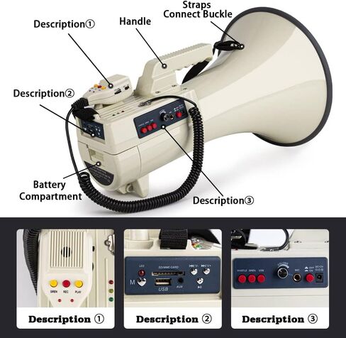 HornPro Megaphone 75 Watt Siren Bullhorn - مكبر صوت Bullhorn مع ميكروفون قابل للفصل، USB / SD / AUX مدمج - صوت خارجي احترافي للشرطة والتشجيع (أبيض) in Kuwait