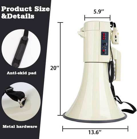 HornPro Megaphone 75 Watt Siren Bullhorn - مكبر صوت Bullhorn مع ميكروفون قابل للفصل، USB / SD / AUX مدمج - صوت خارجي احترافي للشرطة والتشجيع (أبيض) in Kuwait