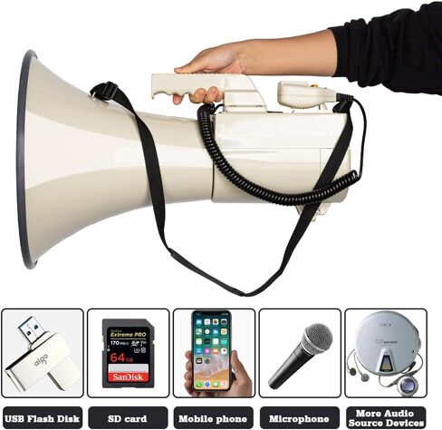 HornPro Megaphone 75 Watt Siren Bullhorn - مكبر صوت Bullhorn مع ميكروفون قابل للفصل، USB / SD / AUX مدمج - صوت خارجي احترافي للشرطة والتشجيع (أبيض) in Kuwait