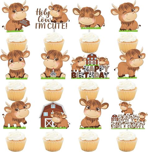 24pcs Highland Cow Cupcake Toppers Decorations Highland Cow Birthday Party Decorations Brown Cow Birthday Cupcake Topper Decorations for Western Highland Cow Birthday Party Baby Shower Supplies in Saudi Arabia