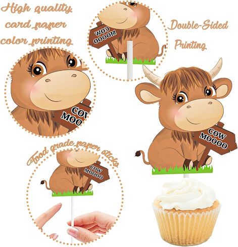 24pcs Highland Cow Cupcake Toppers Decorations Highland Cow Birthday Party Decorations Brown Cow Birthday Cupcake Topper Decorations for Western Highland Cow Birthday Party Baby Shower Supplies in Saudi Arabia