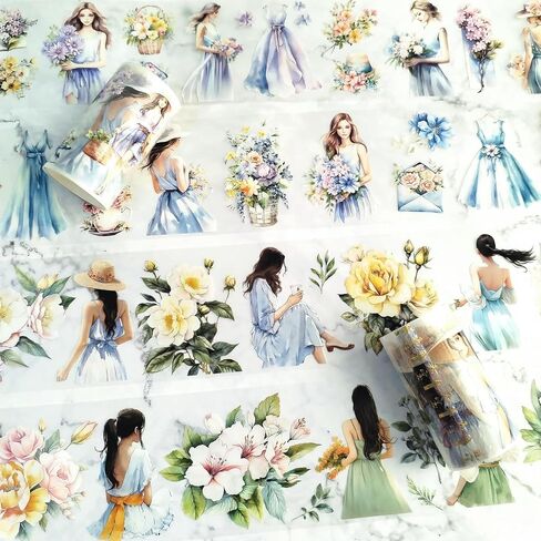 japleed 2 Roll Vintage Girls Flower PET Tape Decorative Floral Adhesive Tape Scrapbook Aesthetic Sticker Scrapbooking Junk Journal Supplies for Planner Craft Card Making Journaling (2 Roll-Bright) in Saudi Arabia