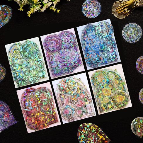 Dizdkizd Glitter Holographic Stickers, Europe Stained Glass Window Theme, Transparent and Waterproof, 60 Pieces Aesthetic Art Stickers Large for Scrapbooking, Card Making, Bible Journal, Craft Project in Saudi Arabia