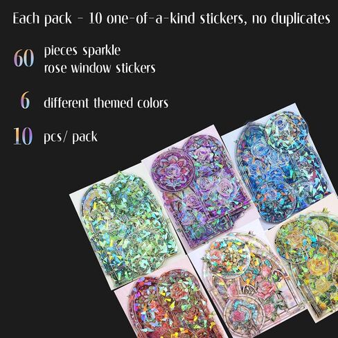 Dizdkizd Glitter Holographic Stickers, Europe Stained Glass Window Theme, Transparent and Waterproof, 60 Pieces Aesthetic Art Stickers Large for Scrapbooking, Card Making, Bible Journal, Craft Project in Saudi Arabia