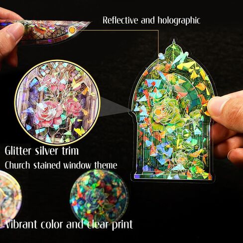 Dizdkizd Glitter Holographic Stickers, Europe Stained Glass Window Theme, Transparent and Waterproof, 60 Pieces Aesthetic Art Stickers Large for Scrapbooking, Card Making, Bible Journal, Craft Project in Saudi Arabia