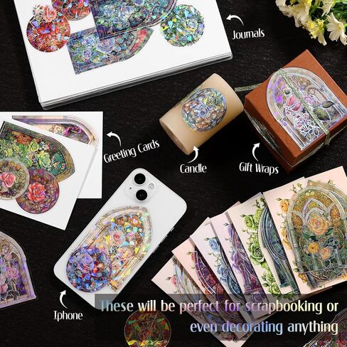 Dizdkizd Glitter Holographic Stickers, Europe Stained Glass Window Theme, Transparent and Waterproof, 60 Pieces Aesthetic Art Stickers Large for Scrapbooking, Card Making, Bible Journal, Craft Project in Saudi Arabia
