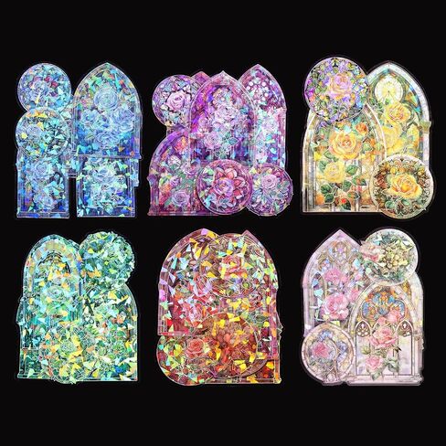 Dizdkizd Glitter Holographic Stickers, Europe Stained Glass Window Theme, Transparent and Waterproof, 60 Pieces Aesthetic Art Stickers Large for Scrapbooking, Card Making, Bible Journal, Craft Project in Saudi Arabia