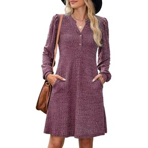 ZAFUL Womens Long Sleeve Fall Dresses with Pockets V Neck Button Casual Badydoll Knit Sweater Dress 2025 in Saudi Arabia