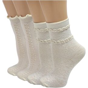 4 Pairs Ivory White Cute Socks, Women's Lace Ruffles Ankle Casual Sock, Cottagecore Breathable Mid Tube Socks, Floral Crew Socks in Saudi Arabia