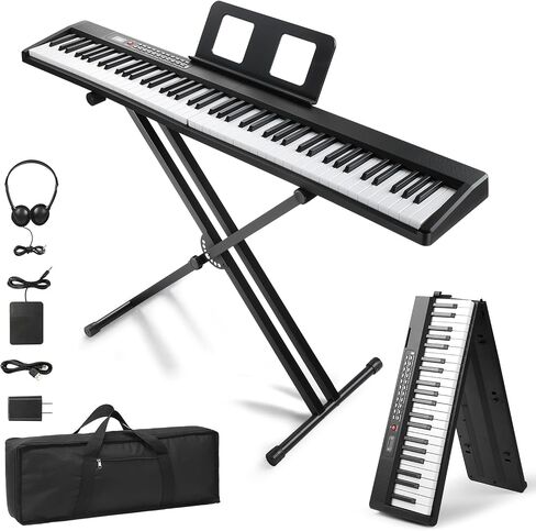 Ktaxon 88 Key Keyboard Piano Foldable Piano Keyboard with 1000 Rhythms, 1000 Tones and 50 Demos, Bluetooth Audio & MIDI, 3 Teaching & 2 Power Supply Modes, Full Equipment for Beginner (Full-Black) in Saudi Arabia