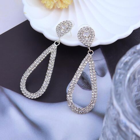 Bling Rhinestone Earrings for Women,Sparkly Silver Teardrop Dangling Earrings Trendy Large Chandelier Earring,Bridal Wedding Jewelry Accessories Gift in Saudi Arabia