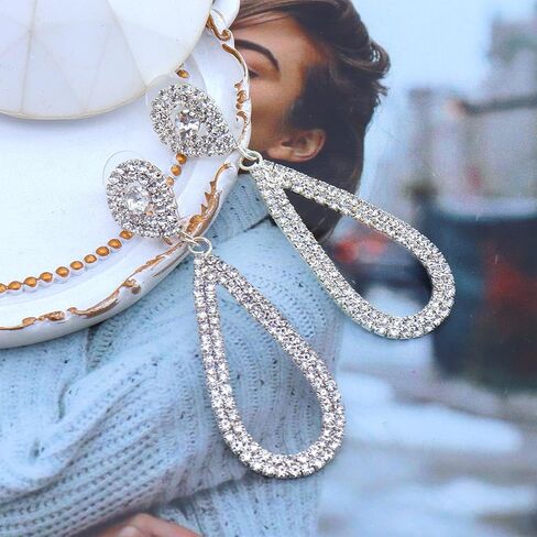 Bling Rhinestone Earrings for Women,Sparkly Silver Teardrop Dangling Earrings Trendy Large Chandelier Earring,Bridal Wedding Jewelry Accessories Gift in Saudi Arabia