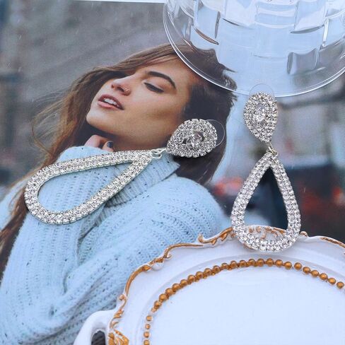 Bling Rhinestone Earrings for Women,Sparkly Silver Teardrop Dangling Earrings Trendy Large Chandelier Earring,Bridal Wedding Jewelry Accessories Gift in Saudi Arabia