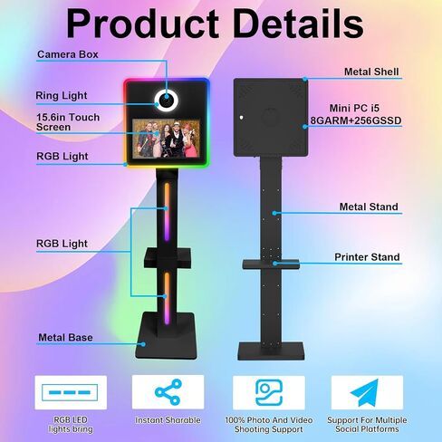DSLR Photo Booth Machine 15.6 Inch Selfie Portable Touch Screen Mirror Photo Booth with Flight Case，App Control & Remote Control RGB Light for Parties Wedding Rental Events in Saudi Arabia
