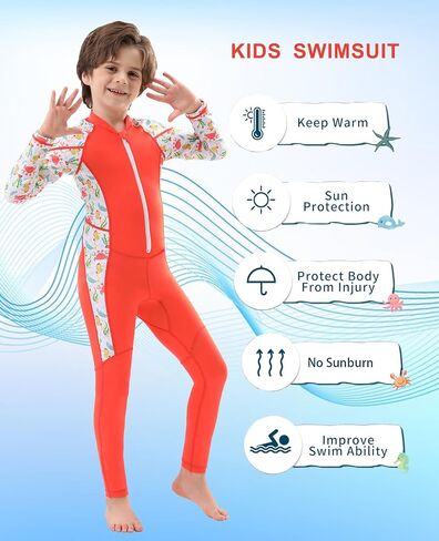 DEHAI Kids Dive Skins Suit بدلة سباحة كاملة الجسم للأولاد والبنات والشباب، بدلة غطس رقيقة للحماية من الطفح الجلدي، سحاب أمامي، كم طويل، الرياضات المائية للتزلج على الماء، السباحة، التجديف، ركوب الأمواج in Saudi Arabia
