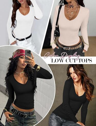 ekouaer deep v deck decrts for women low cut long sleeve tops slim fit fit basic scivage tees deep stshirts tshirts xs-xxl in Saudi Arabia