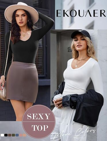 ekouaer deep v deck decrts for women low cut long sleeve tops slim fit fit basic scivage tees deep stshirts tshirts xs-xxl in Saudi Arabia