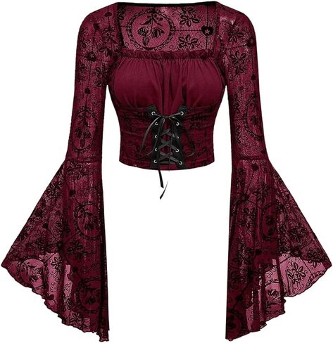 Verdusa Women's Gothic Flare Sleeve Flower Pattern Tops Velour Cross Lace-up Waist Crop Tops in Saudi Arabia