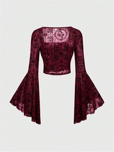 Verdusa Women's Gothic Flare Sleeve Flower Pattern Tops Velour Cross Lace-up Waist Crop Tops in Saudi Arabia