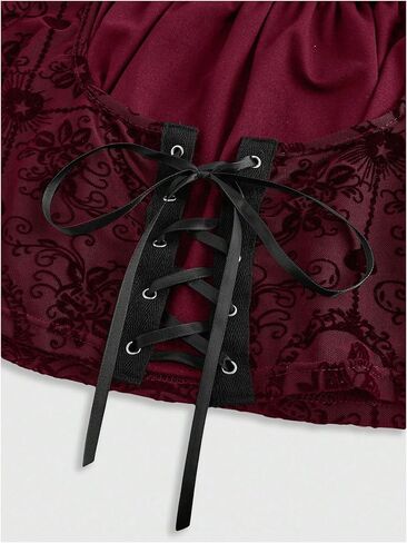 Verdusa Women's Gothic Flare Sleeve Flower Pattern Tops Velour Cross Lace-up Waist Crop Tops in Saudi Arabia