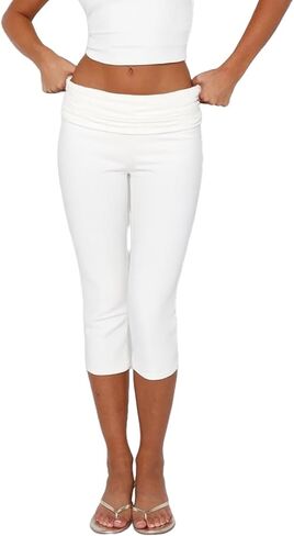 Women Fold Over Capri Pants Low Rise Foldover Yoga Leggings Knee Length Cropped Flared Bell Bottom Capris Y2k in Saudi Arabia
