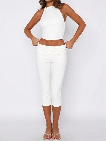 Women Fold Over Capri Pants Low Rise Foldover Yoga Leggings Knee Length Cropped Flared Bell Bottom Capris Y2k in Saudi Arabia