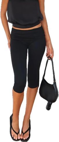 Women Fold Over Capri Pants Low Rise Foldover Yoga Leggings Knee Length Cropped Flared Bell Bottom Capris Y2k in Saudi Arabia