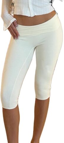 Women Fold Over Capri Pants Low Rise Foldover Yoga Leggings Knee Length Cropped Flared Bell Bottom Capris Y2k in Saudi Arabia