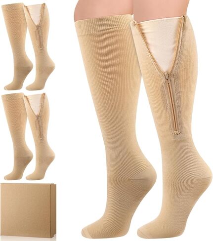 3 Pairs Zipper Compression Socks with Inner Lining Easy on 20-30mmhg Closed Toe Knee High Support Compression Socks with Gift Box for Men Women Swelling Edema in Saudi Arabia