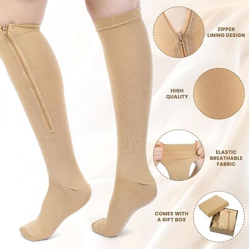 3 Pairs Zipper Compression Socks with Inner Lining Easy on 20-30mmhg Closed Toe Knee High Support Compression Socks with Gift Box for Men Women Swelling Edema in Saudi Arabia