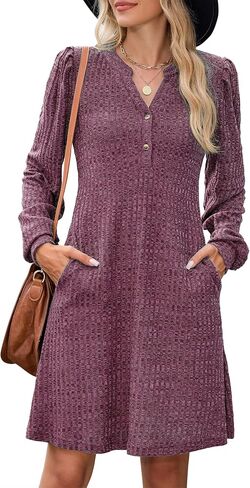 Zaful Womens Long Sleeve Fall Dresses with Mobicets v Neck Button Discaled Badydoll Knit Sweater Dress 2025 in Saudi Arabia