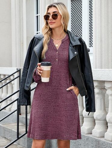 Zaful Womens Long Sleeve Fall Dresses with Mobicets v Neck Button Discaled Badydoll Knit Sweater Dress 2025 in Saudi Arabia